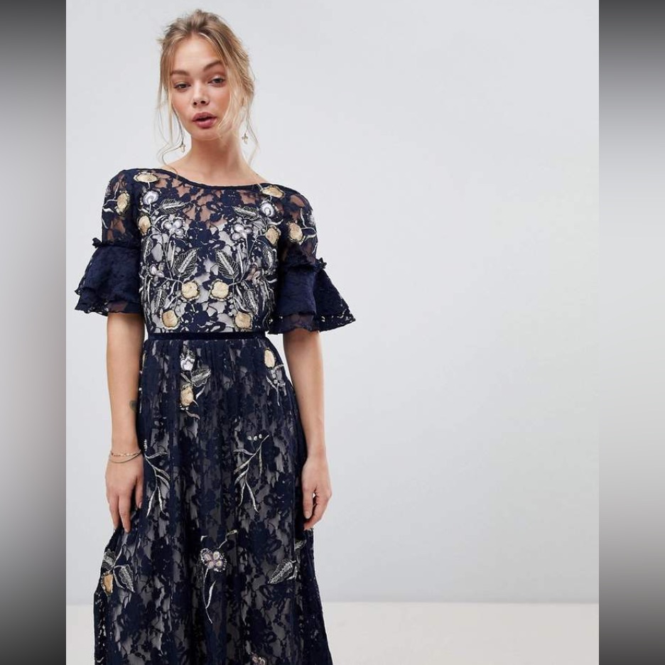 Frock And Frill Navy Lace Long Dress Gown Uk 12